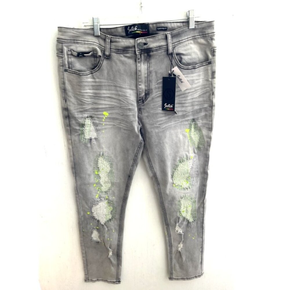 SWITCH Remarkable Grey Slim Taper Fit Jeans Distressed Paint Splash 36/30 NWT